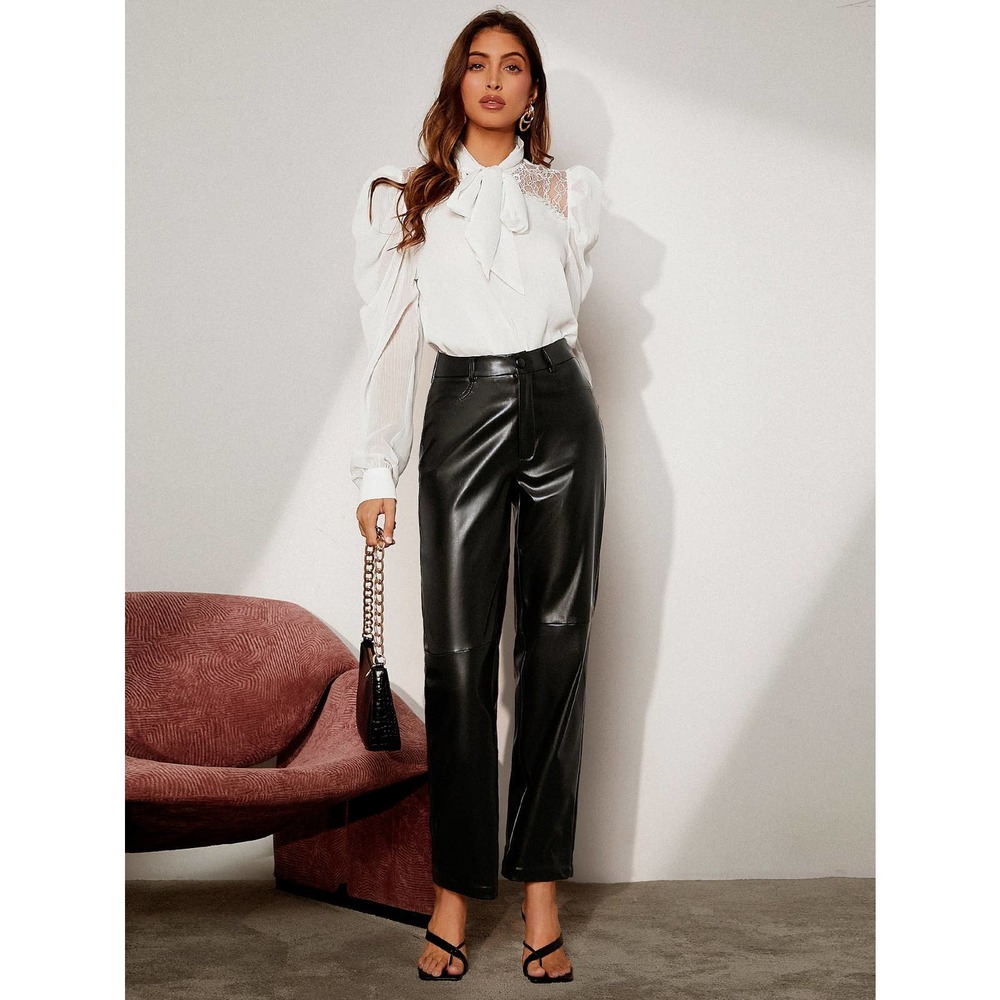 High Waist vegan Leather straight leg Pants black - Picture 3 of 6